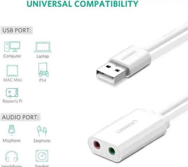 Alt view image 6 of 7 - USB External sound card USB To 3.5mm Jack Femal Earphone Mic headset Adapter 2 Hole Audio Card For Speaker Laptop PS4 PC, White