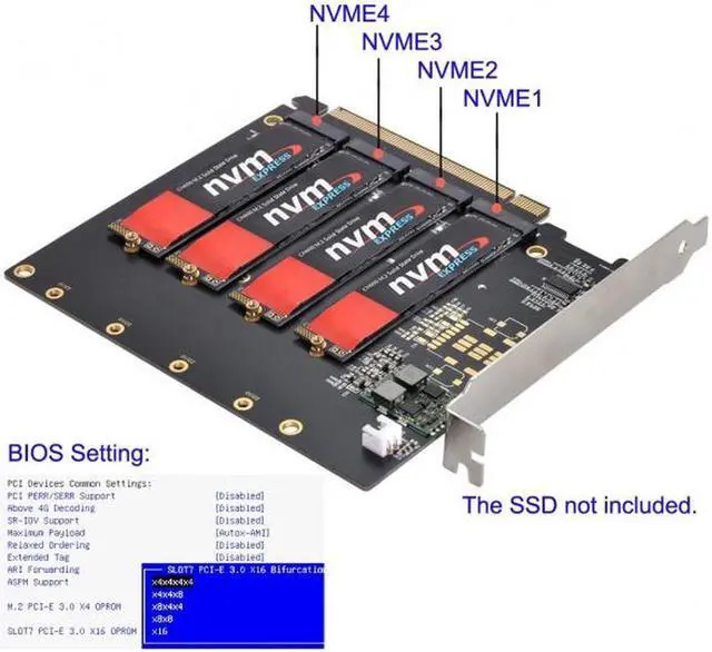 Alt view image 3 of 7 - Aomoproing 4X NVME M.2 AHCI to PCI-E Express 3.0 Gen3 X16 Raid Card with Fan VROC Raid0 Hyper Adapter