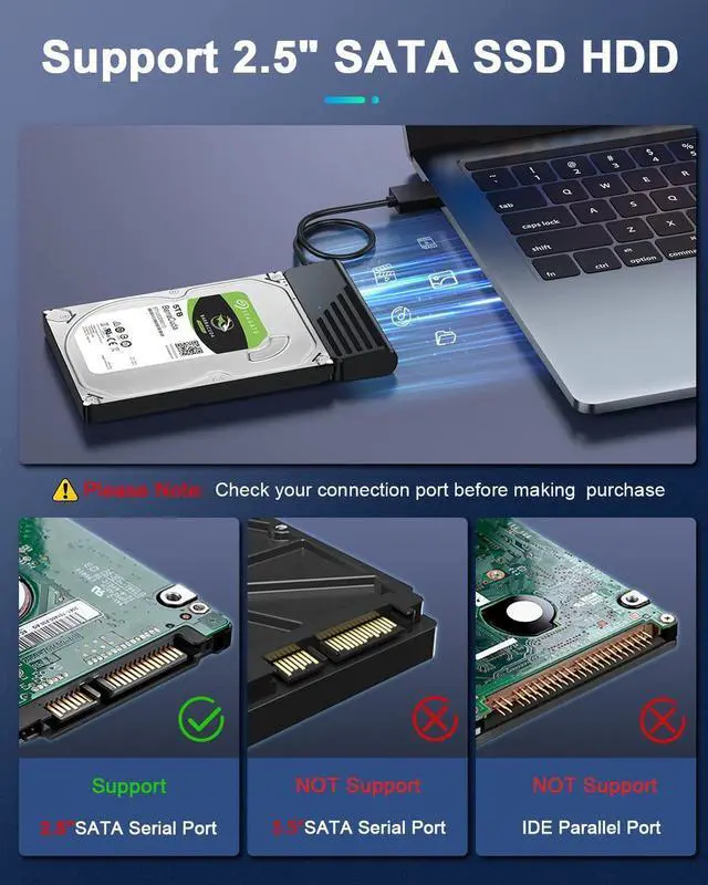 Alt view image 7 of 7 - SATA to USB A Cable, USB 3.0 to SATA III External Hard Drive Adapter for SSD/2.5 1.8 HDD External Converter in Data Transfer, UASP Support (Black)