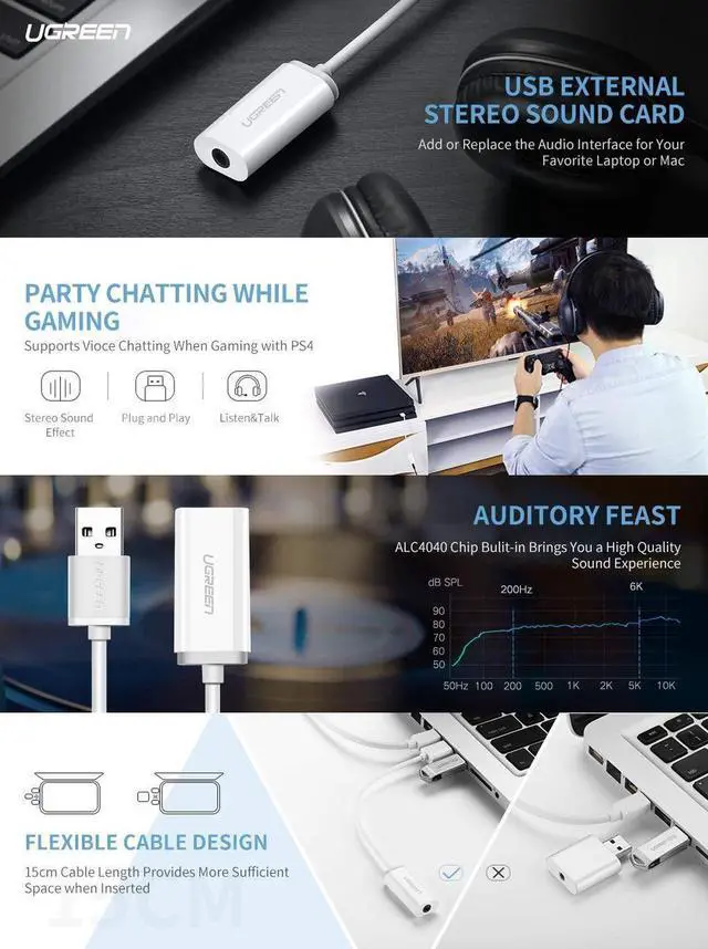Alt view image 3 of 7 - External USB Sound Card, USB Audio Adapter External Stereo Sound Card 3.5mm AUX Stereo Support Earphone Microphone PC, Laptops, PS4, DAC etc.