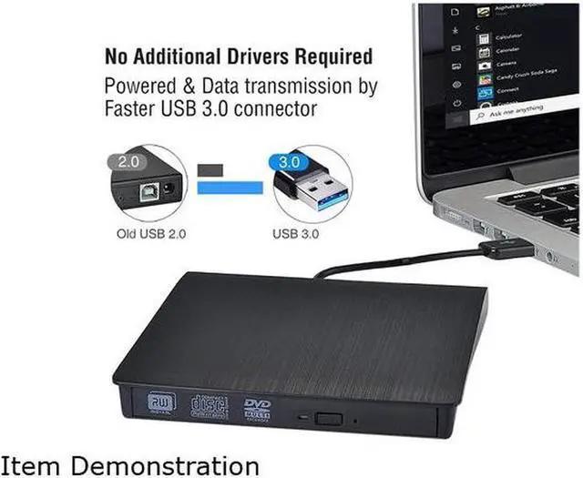 Alt view image 3 of 7 - External CD/DVD Drive USB 3.0 Portable R/W Optical Drive High Speed Data Transfer Slim CD DVD Burner Recorder CD ROM for Laptop/MacBook/Desktop, Black
