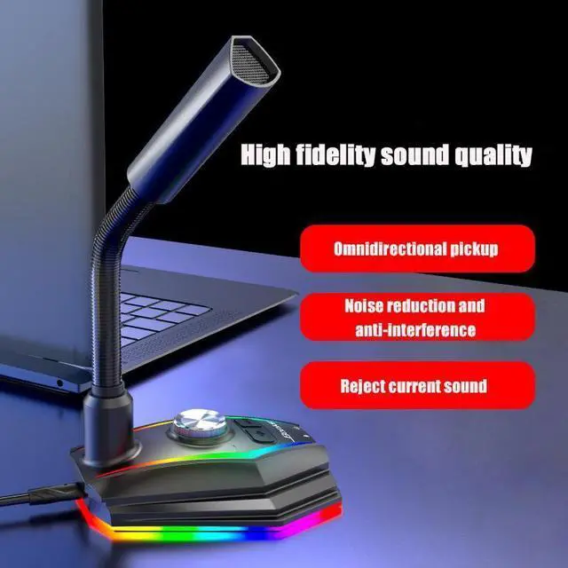 Alt view image 2 of 7 - Desktop Computer Capacitive USB Sound Card RGB Microphone with Noise Reduction 360° Rotate HD Receiver for Gaming Live Video