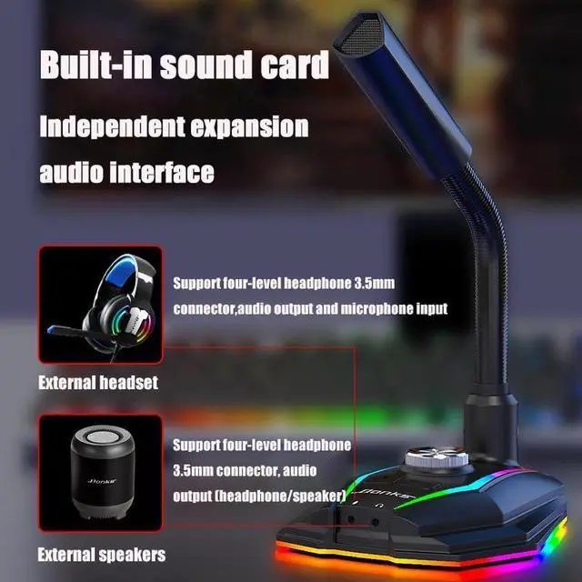 Alt view image 6 of 7 - Desktop Computer Capacitive USB Sound Card RGB Microphone with Noise Reduction 360° Rotate HD Receiver for Gaming Live Video