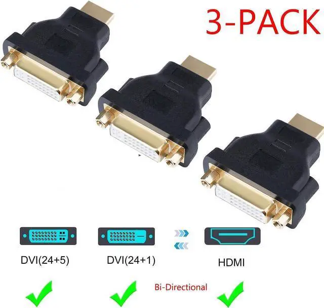 Main image of HDMI to DVI Converter Adapter, Bi-Directional HDMI Male to DVI Female Adapter, 1080p DVI-D Gender Changer Adapter with Gold-Plated Cord 3 Pack