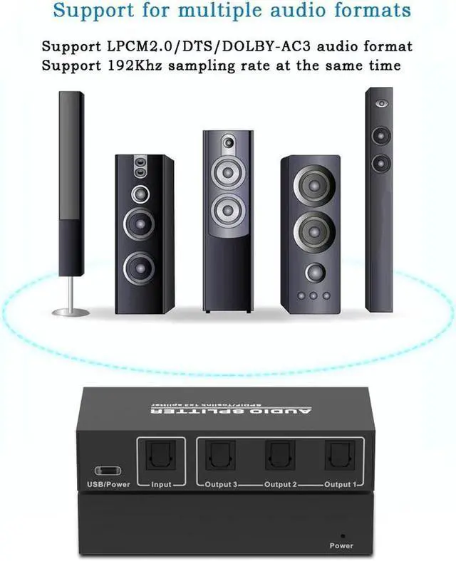Alt view image 4 of 7 - 3 Way Spdif Toslink Optical Digital Audio Splitter 1 input 3 Outputs Support LPCM 2.0 / DTS / AC3 Audio Switcher