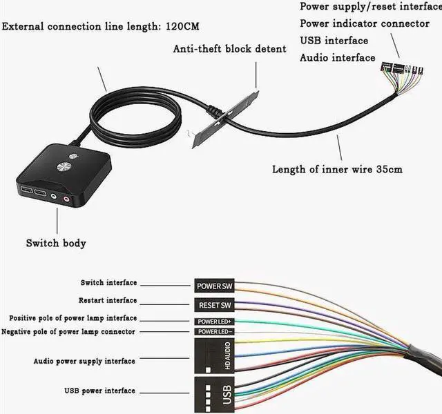 Alt view image 2 of 7 - Desktop Computer Switch Button Extension Cord with Dual USB Audio Desktop Host External On/Off Start / Reset /Audio Button Paste Type Computer Switch