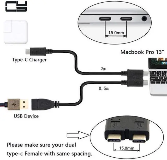 Alt view image 4 of 6 - Aomoproing Dual Cable USB 3.1 Type-C to USB-C & USB 3.0 Female OTG Data Cable for New 13 inch Macbook Pro