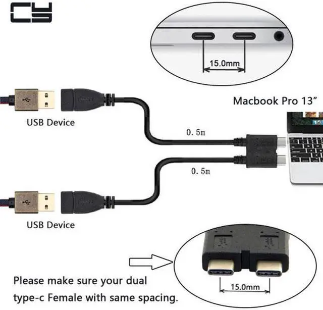 Alt view image 3 of 5 - Aomoproing Dual Cable USB 3.1 Type-C to 3.0 A Female OTG Data Cable for New 13 inch Macbook Pro