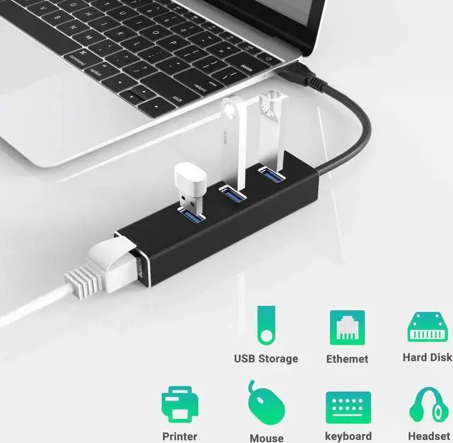 Alt view image 4 of 7 - USB to Ethernet Adapter, USB A to 3 Ports USB 3.0 Hub with 10/100/1000 Mbps LAN RJ45 Gigabit Network Adapter, Supports Windows 10/8/7, Mac OS, Linux