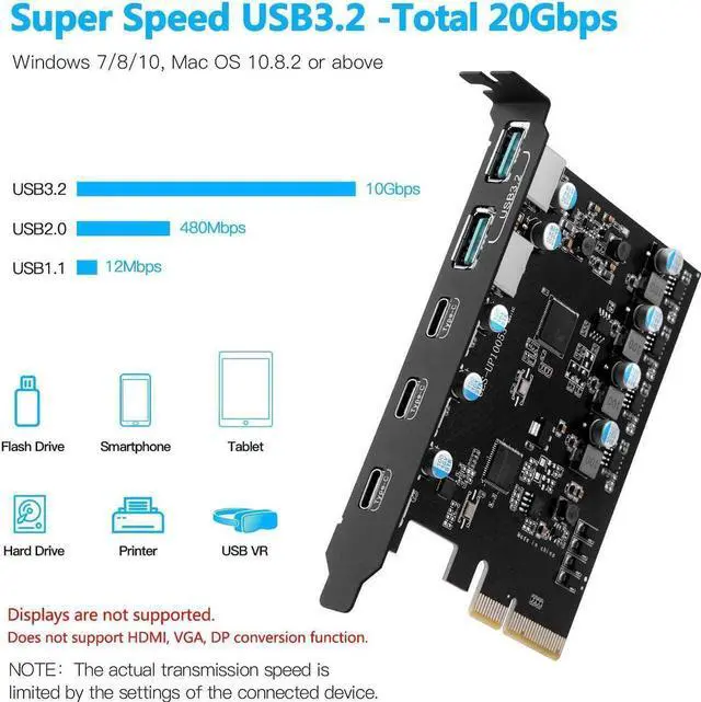 Alt view image 3 of 6 - PCIe to USB 3.2 Gen 2 Adapter Card with 20 Gbps Bandwidth 5-Port (3X USB C -2X USB A) PCI Express Expansion Card Internal USB Hub PCI-E Add-on Cards Riser for Windows 10/8/7 and MAC OS 10.8.2 Above