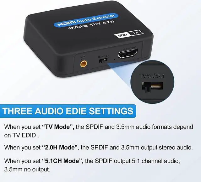 Alt view image 5 of 7 - 4K@60Hz HDMI Audio Extractor, HDMI to HDMI + Optical Toslink SPDIF + 3.5mm Audio Jack Out Splitter Converter Adapter for PS5 Soundbar Blu-Ray