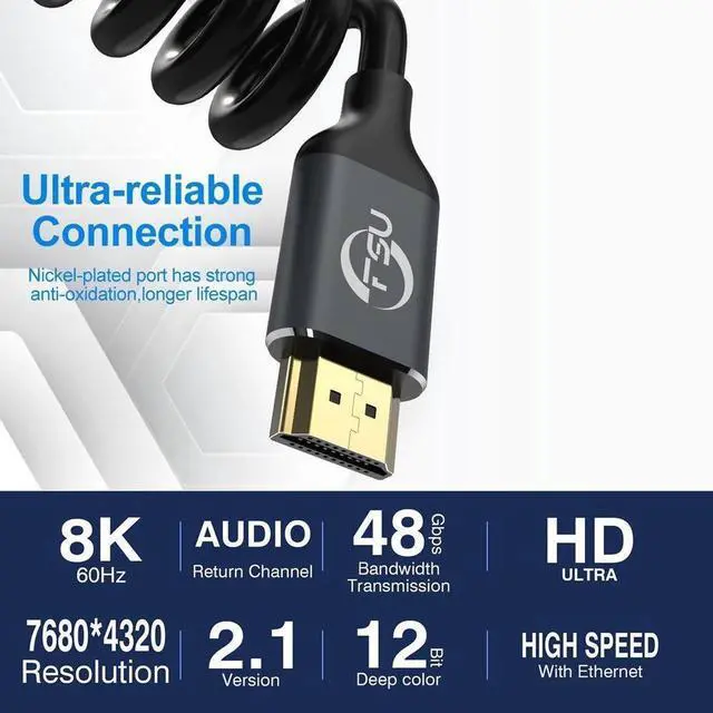 Alt view image 6 of 7 - 1m/3.28ft 2m/6.56ft 8K High Speed HDMI 2.1 Cable [8K/60Hz 4K@120Hz/60Hz] 48Gbps 3D Male to Male HDMI Cable Cord for PS4 HD TV Box Projector Cable