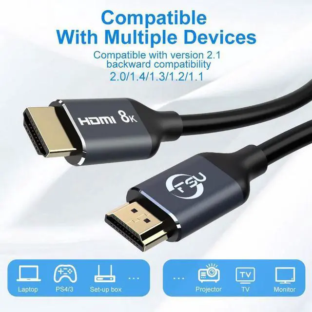 Alt view image 7 of 7 - 1m/3.28ft 2m/6.56ft 8K High Speed HDMI 2.1 Cable [8K/60Hz 4K@120Hz/60Hz] 48Gbps 3D Male to Male HDMI Cable Cord for PS4 HD TV Box Projector Cable
