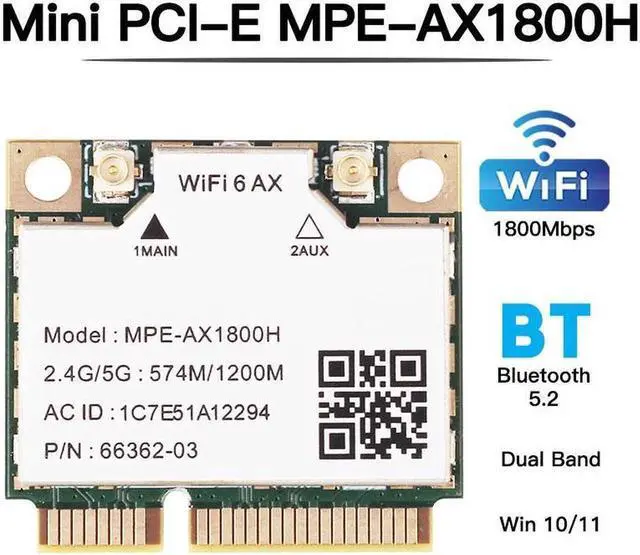 Main image of MPE-AX1800H Mini PCIE Wifi Card Dual Band 2.4GHz 5GHz Wifi 6 802.11ax 1800Mbps Wireless Bluetooth 5.2 Network Adapter for PC Windows 10/11 64bit