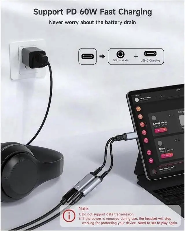 Alt view image 3 of 3 - USB C to 3.5mm Headphone and Charger Adapter,2 in 1 USB C to Aux Audio Jack with PD 60W Fast Charging Dongle Cable Cord Compatible with Most TYPE-C Interface( black)