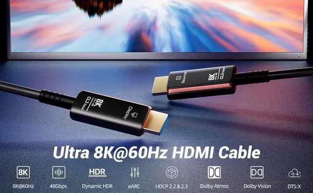 Alt view image 6 of 7 - 8K HDMI 2.1 Fiber Optic Cable Ultra high Speed 48gbps 4K 120Hz 8K 60Hz Thin Slim Flexible - 50FT (Black+Red)