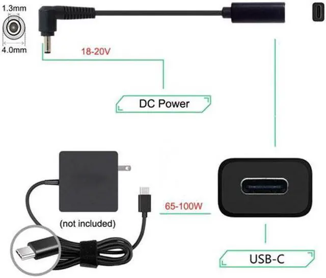 Alt view image 5 of 5 - Aomoproing Type C USB-C Female Input to DC 4.0*1.3mm Power PD Charge Cable fit for Laptop 18-20V