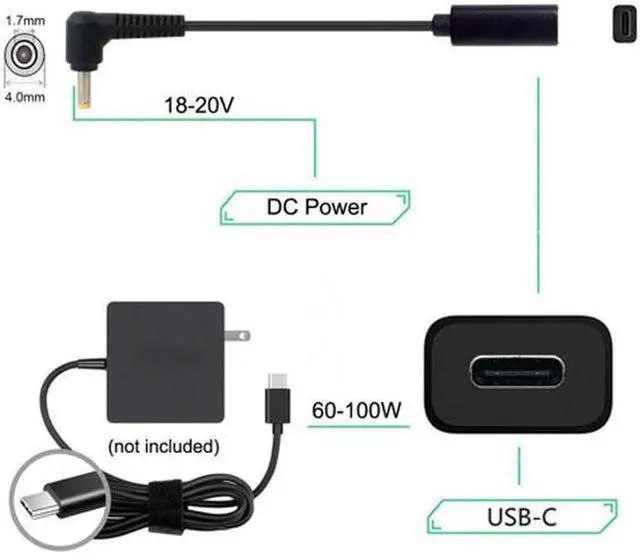 Alt view image 5 of 5 - Aomoproing  Type C USB-C Female Input to DC 4.0*1.7mm Power PD Charge Cable fit for Laptop 18-20V