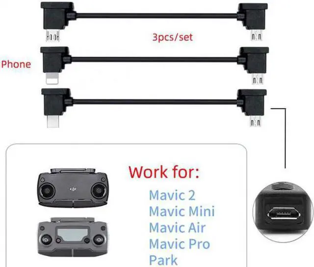 Alt view image 5 of 7 - Aomoproing  3pcs/set Remote Controller Data Cable Type-C & Micro & 8P to Micro USB for Mavic Pro Platinum Mavic Park RC Accessories