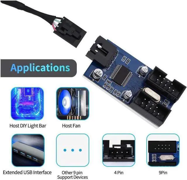 Alt view image 2 of 7 - 9 Pin 2 in 1 Internal USB Splitter Cable, 9 pin USB Header Male 1 to 2 Female Extension Connector Adapter, USB 2.0 HUB Connector Port Multiplier PWM Fan Splitter Cable (30cm/0.98ft)
