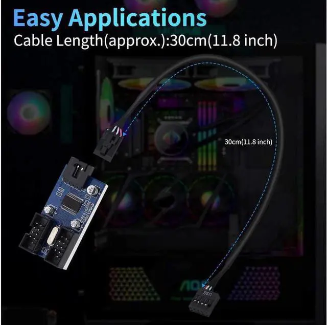Alt view image 3 of 7 - 9 Pin 2 in 1 Internal USB Splitter Cable, 9 pin USB Header Male 1 to 2 Female Extension Connector Adapter, USB 2.0 HUB Connector Port Multiplier PWM Fan Splitter Cable (30cm/0.98ft)