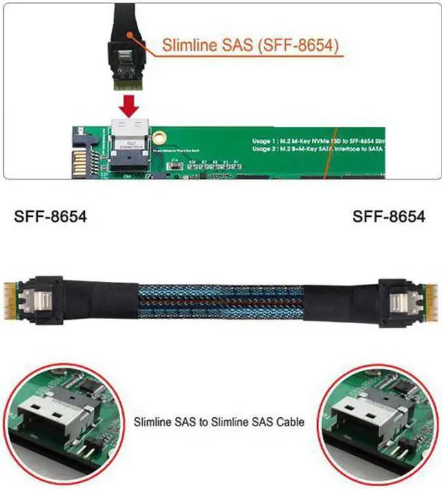 Alt view image 5 of 7 - Aomoproing PCI-E Slimline SAS 4.0 SFF-8654 4i 38pin Host to SFF-8654 Slim SAS Target Cable 50cm
