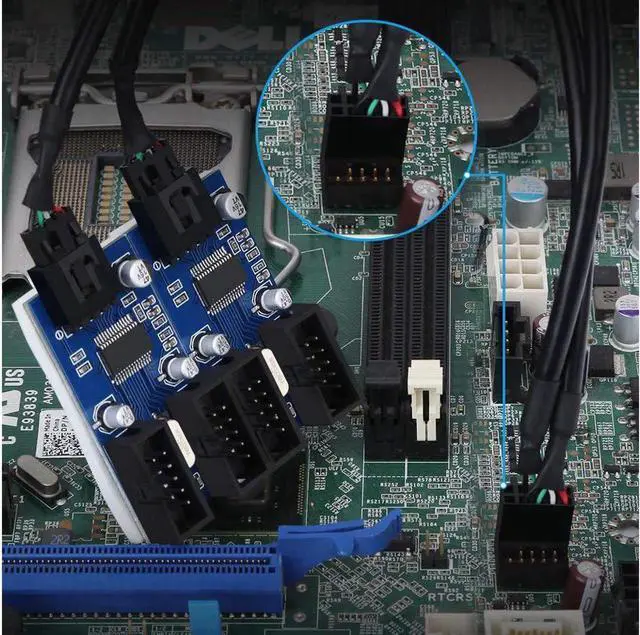 Alt view image 3 of 7 - 4 in 1 Internal USB Splitter Cable, 9 pin USB Header Male 1 to 4 Female Extension Connector Adapter, USB 2.0 HUB Connector Port Multiplier PWM Fan Splitter Cable (30cm/0.98ft)