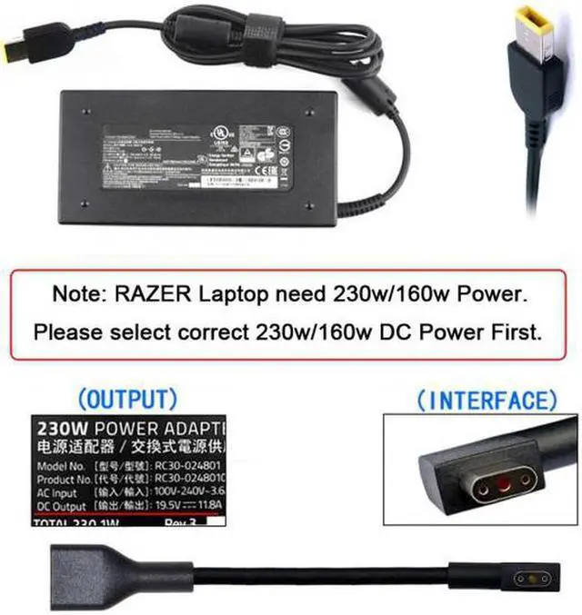 Alt view image 6 of 7 - Aomoproing Rectangle Jack 11.0*4.5mm Input to 3Pin Power Plug Cable Compatible for Laptop Blade Pro 17 and Blade 15 Model Support 230W/160W Charge Adapter