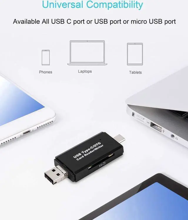 Alt view image 3 of 7 - SD/Micro SD Card Reader, 3-in-1 USB2.0/Type-C/Micro-USB OTG Adapter Portable Memory Card Reader for SDXC, SDHC, SD, MMC, RS-MMC, Micro SDXC, Micro SD, Micro SDHC Card and UHS-I Cards (Black)