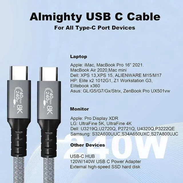 Alt view image 2 of 7 - 240W USB4 Cable, 5FT, 40GBps Data Transmission, 240W (48V5A) PD Super Fast Charge, 8K@60Hz HD Extension for Thunderbolt 4, Mobile Phone, Notebook, MAC, SSD, PD3.1 and QC4.0