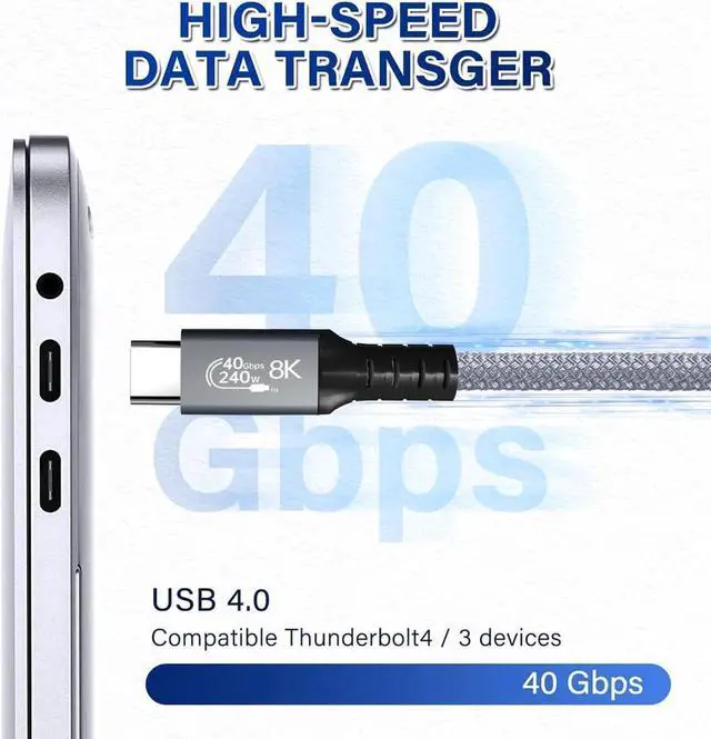 Alt view image 4 of 7 - 240W USB4 Cable, 5FT, 40GBps Data Transmission, 240W (48V5A) PD Super Fast Charge, 8K@60Hz HD Extension for Thunderbolt 4, Mobile Phone, Notebook, MAC, SSD, PD3.1 and QC4.0