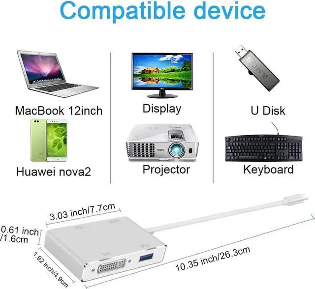 Alt view image 3 of 7 - USB-C to HDMI VGA DVI Adapter with USB 3.0 Port - Type C (Thunderbolt 3 Compatible) 4-in-1 Cable Adapter for Surface Book 2, Galaxy S9 and More