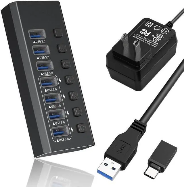 Main image of Powered USB Hub 3.0, Data 7 Ports USB3.0 Ports, 4 Smart Charging Multi USB 3.0 Splitter with Individual LED Switches Power Adapter for Laptop Computer PC PS4 Flash Drive HDD