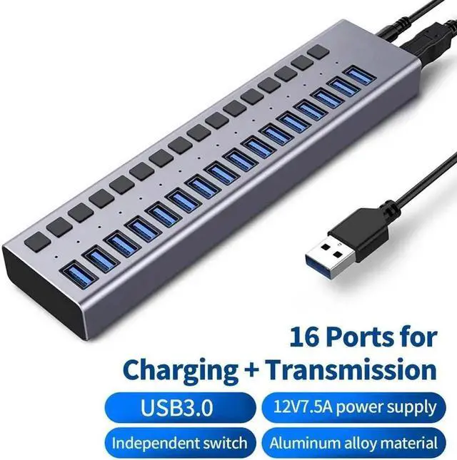 Main image of Powered USB 3.0 Hub, 16-Port USB Hub Splitter (16 Data Transfer Ports+ 16 Charging Ports) with Individual LED On/Off Switches, USB Hub 3.0 Powered with Power Adapter for Mac, PC