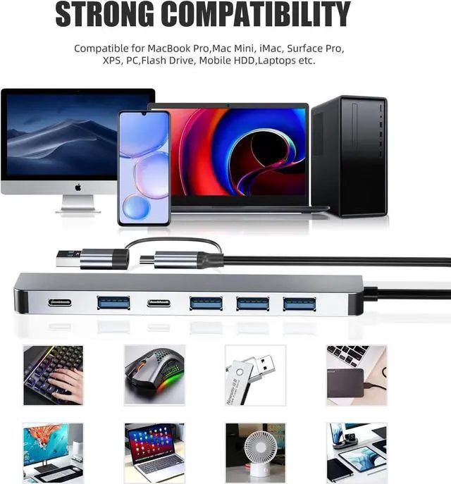 Alt view image 5 of 7 - USB Hub for Laptop,USB C & USB Hub,7 Port USB Hub,USB Splitter for PC,USB Extender USB Hub for PC Laptop,MacBook Docking Station PC iMac Pro Air Mac Mini/Pro, Notebook PC PS4,Aluminum