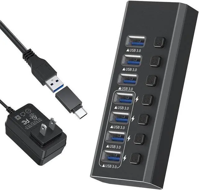 Main image of Powered USB Hub, 7-Port USB 3.0 Hub with 24W Power Adapter, Aluminum USB Splitter Including 7 Port 5Gbps USB-A 3.0 Ports for PC, Laptop and More