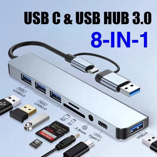 Main image of USB Hub for Laptop,8 Port USB TF/SD Card Reader,USB-C,3.5mm Aux Ports Hub,USB Splitter for PC,USB Extender USB Hub for PC Laptop,MacBook Docking Station PC iMac Pro Air, Notebook PC PS4