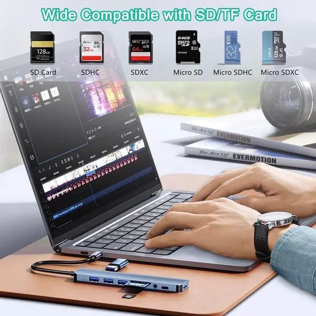Alt view image 7 of 7 - USB HUB, 8 in 1 USB-C/USB 3.0 Dual Adapter Docking Station, with 4 USB Port, TF/SD Card Reader, USB-C,3.5mm Aux,Multi-Port USB C Adapter Type C Laptops Dock Dongle for MacBook Pro Air iPad
