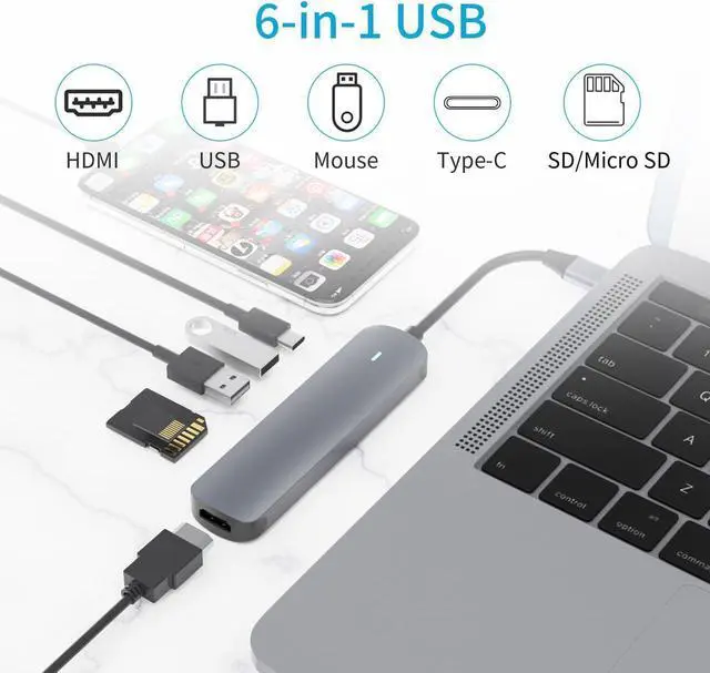 Alt view image 7 of 7 - USB C Hub, 6 in 1 USB C Adapter, Type C Hub with 4K USB C to HDMI, USB 3.0, USB 2.0, SD/TF Card Reader, 87W USB C PD Charging Thunderbolt 3 for MacBook Pro Air, Dell XPS 15, Google Chromebook Pixel