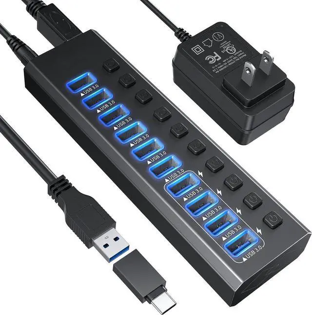 Main image of Powered USB Hub, 10-Port USB 3.0 Hub with 48W Power Adapter, Aluminum USB Splitter Including 10 port 5Gbps USB-A 3.0 Ports for PC, Laptop and More