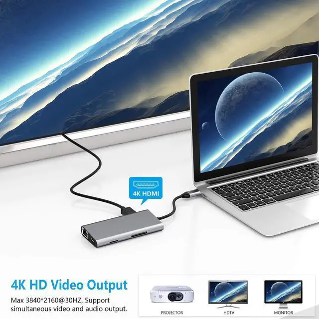 Alt view image 4 of 7 - USB C Hub,  8 in 1 USB Type C Hub Adapter, to 4K HDMI, 3 USB 3.0 Port, 1 USB C Charging, SD/Micro SD/TF Card Reader, Gigabit Ethernet, for MacBook Pro, iPad Pro 2018 and More
