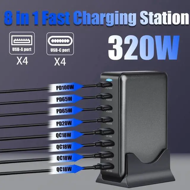 Alt view image 6 of 7 - 8-Port USB C Charging Station, Charger GaN 320W, QC3.1 PD3.1 GaN Tech Fast Compact Desk Charger for MacBook Pro/Air, Dell XPS,iPhone 16 15 Pro,ipad pro,Galaxy S23,Pixel 7