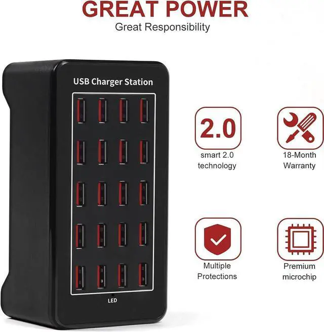 Alt view image 2 of 7 - 100w 20(20A) Port, USB Fast Charging Station,Travel Desktop USB Rapid Charger,Multi Ports Charging Station Organizer Compatible with Smartphones,Tables,and More Devices - Black