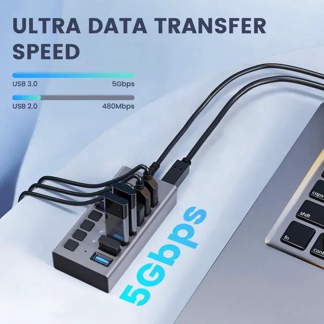 Alt view image 4 of 7 - Powered USB Hub 3.0, 7-Port USB 3.0 Hub [Durable Aluminum] 7 Ports Data Transfer Ports+ Charging with Individual On/Off Switches, USB Hub 3.0 Powered with Power Adapter for Laptop PC