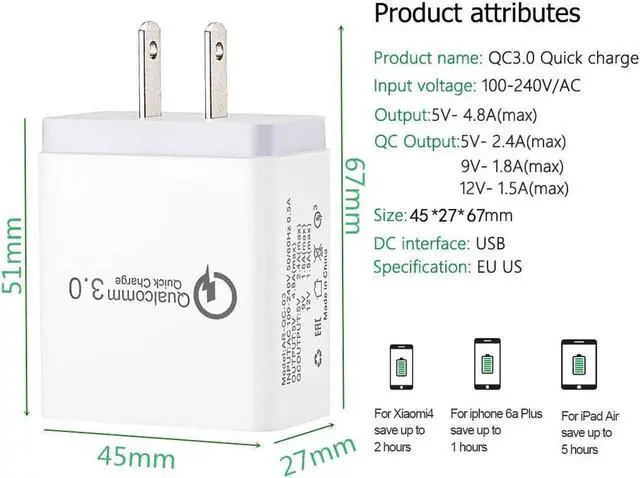 Alt view image 7 of 7 - 3 Ports Quick Charger QC 3.0 18W USB Charger For iphone 7 8 iPad Samsung S8 Huawei Xiaomi Fast Charger QC3.0 EU/US/UK Plug