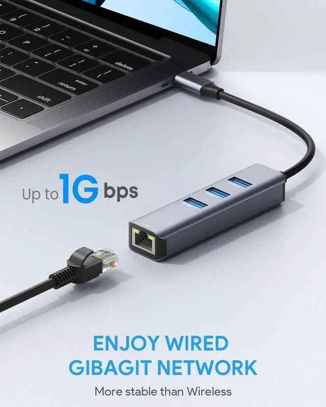 Alt view image 7 of 7 - Type-C to Ethernet Adapter, USB C to Ethernet, Aluminum 3 Port USB 3.0 Hub with RJ45 10/100/1000 Gigabit Ethernet Adapter Converter LAN Wired, USB Network Adapter for Laptop MacBook