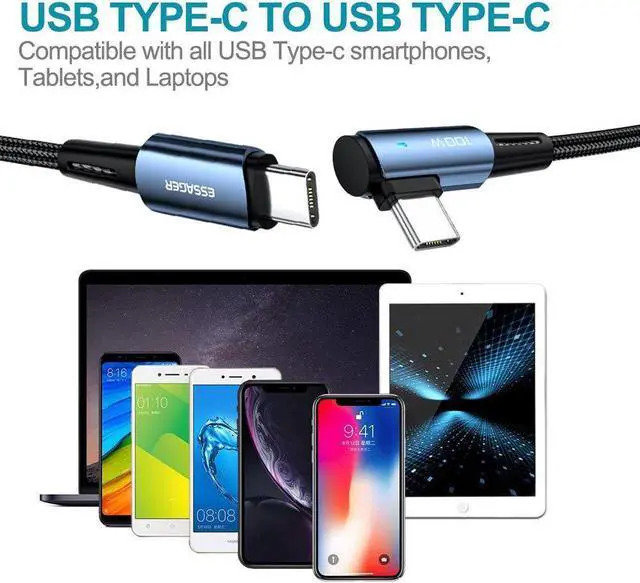 Alt view image 6 of 7 - 100W USB C to USB C Cable Right Angle 90 Degree, 5A PD QC 4.0 Type C to Type C Cable Super Fast Charging USB C Cable(3.3ft, 2 Pack)