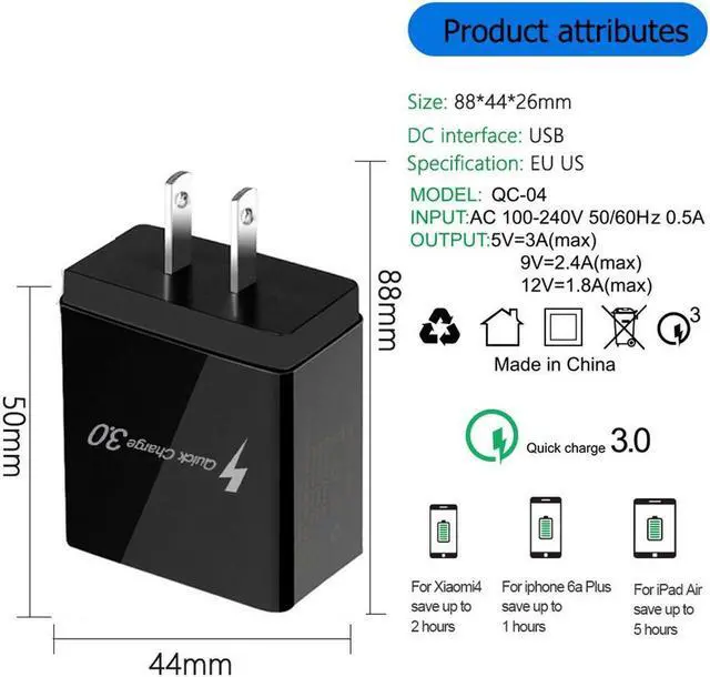 Alt view image 4 of 7 - 4USB Wall Charger QC3.0 Phone Fast Charger US Plug QM Quick Charge 5V 2.4A for iPhone iPad for Samsung/Xiaomi/Huawei-Black