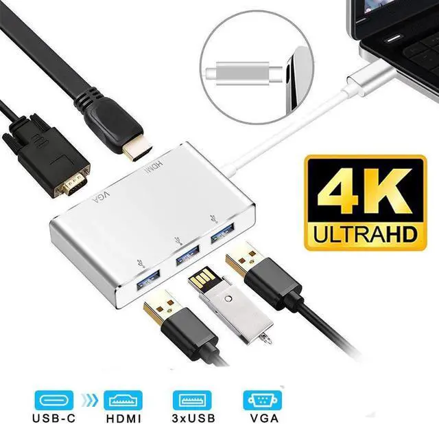 Main image of USB C Hub,Type C(Thunderbolt 3) Adapter,5 in 1 hub with 4K HDMI, 1080P VGA, 3X USB 3.0 for MacBook Pro/Air/Windows Type C Laptops and Smartphones