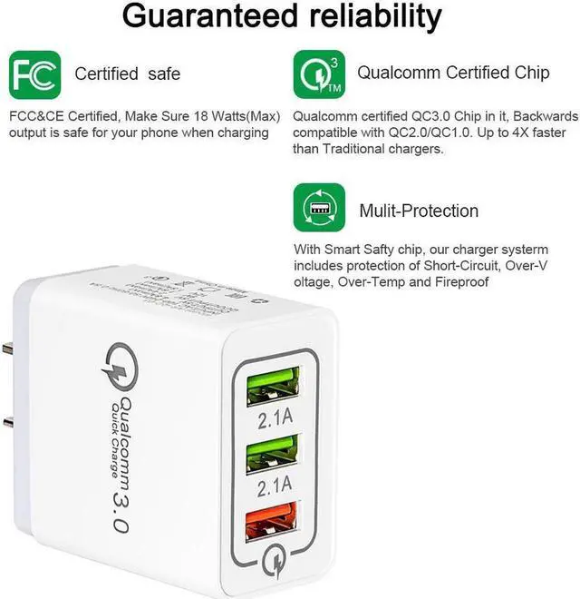 Alt view image 2 of 7 - Quick Charge 3.0, Lightning Cable, Fast Wall Charger 3 Ports Tablet iPad Phone Charger Adapter Qualcomm Quick Charger 3.0 Travel Plug For iPhone X/8/8+/7p Samsung S9/S8/S7/Edge/Note Wireless Charger